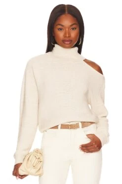 BCBGeneration Mock Neck Cutout Sweater Ivory Champagne