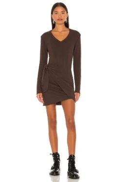 X REVOLVE Supersoft Long Sleeve V Dress Cocoa -Camila coelho Shop HARL WD400 V1 1