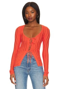 Marissa Sheer Rib Cardi With Ties Tangerine