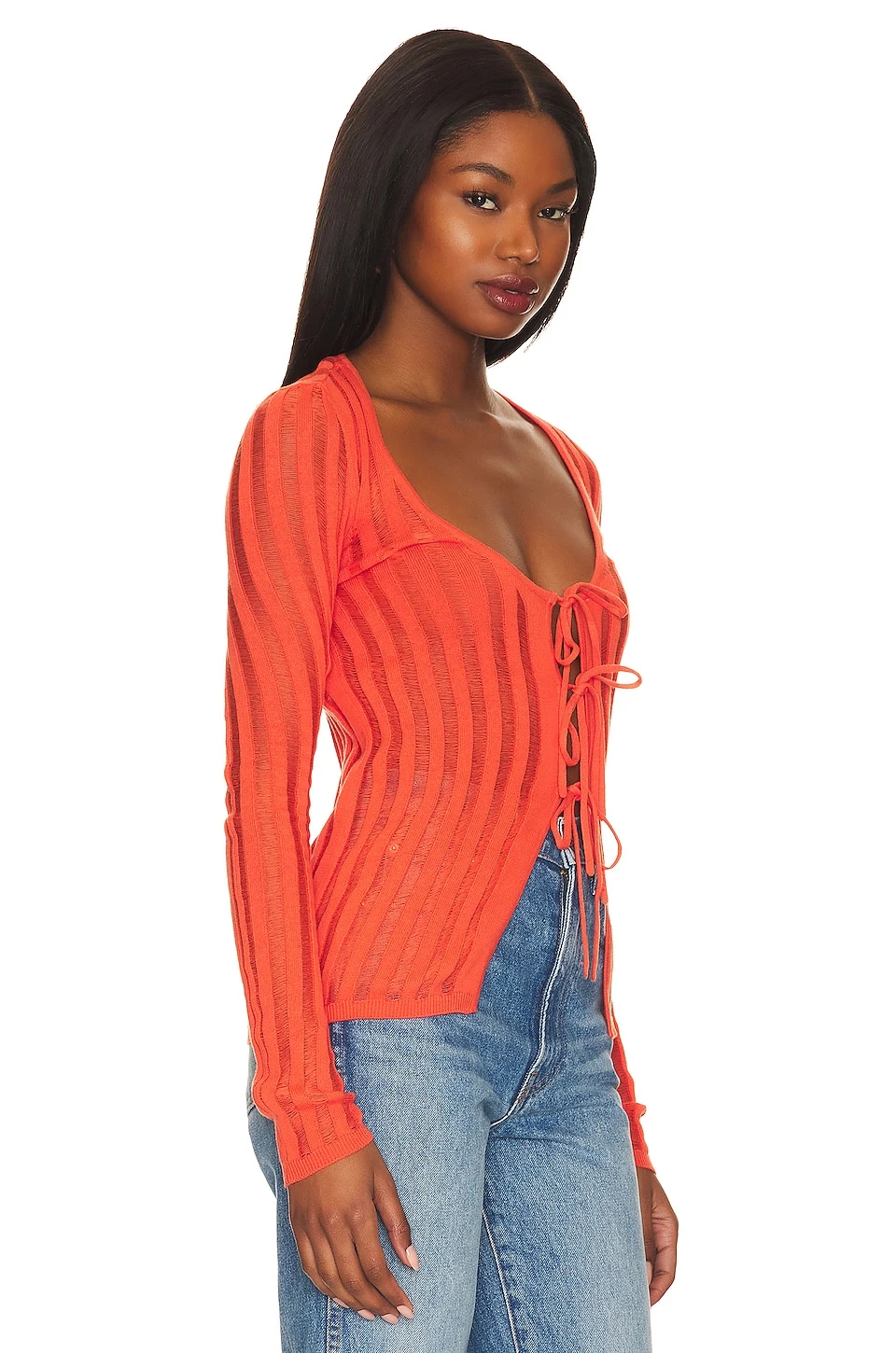 Marissa Sheer Rib Cardi With Ties Tangerine 4 Marissa Sheer Rib Cardi With Ties Tangerine - Image 2