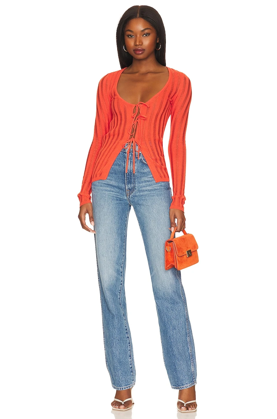 Marissa Sheer Rib Cardi With Ties Tangerine 6 Marissa Sheer Rib Cardi With Ties Tangerine - Image 4