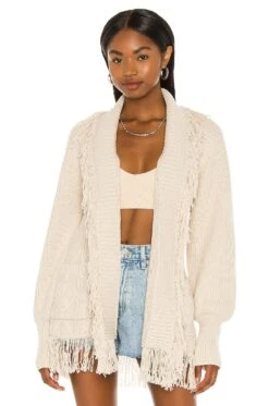 Fisherman Knit Fringe Cardigan Stone