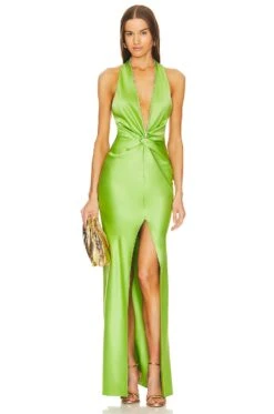 X Revolve Halter Gown With Slit Pear Green