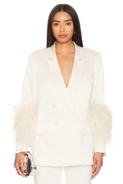 Doubleface Satin Broad Shoulder Blazer W Ostrich Cream