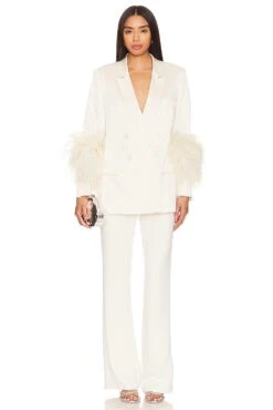 Doubleface Satin Broad Shoulder Blazer W Ostrich Cream -Camila coelho Shop LOIN WO1 V4