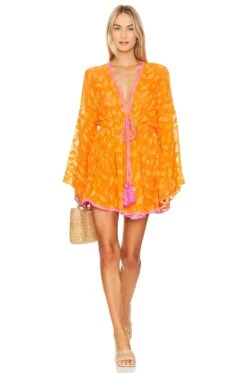 MILLY Cabana Olympia Jacquard Mini Dress Tangerine & Pink