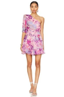 Zazu One Shoulder Mini Dress Pink & Purple Tropical