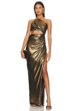 X REVOLVE One Shoulder Cut Out Gown Gold Lame